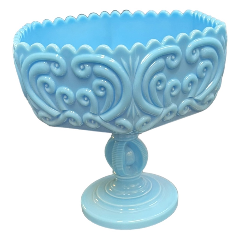 Vintage Imperial Blue Milk Glass Atterbury Scroll Pedestal Compote